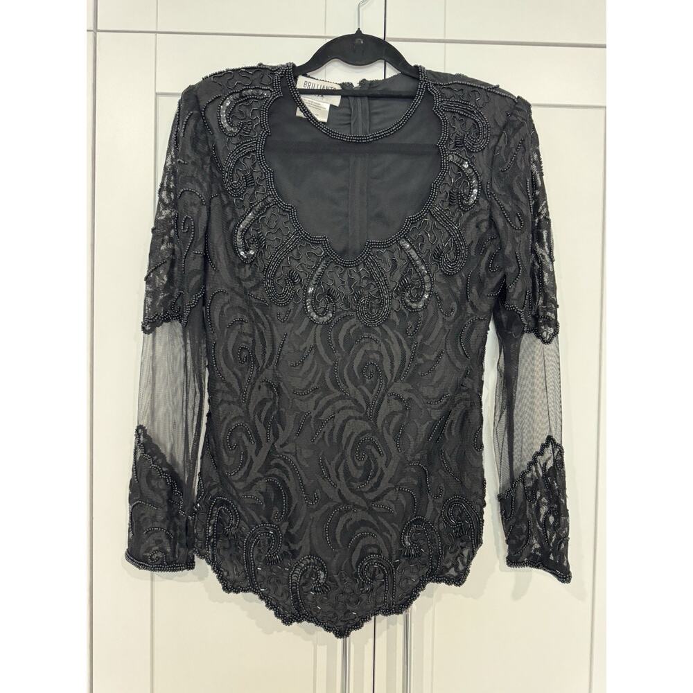 Brilliante by J.A. Beaded Mesh Paisley Long Sleeve Blouse Black P/S